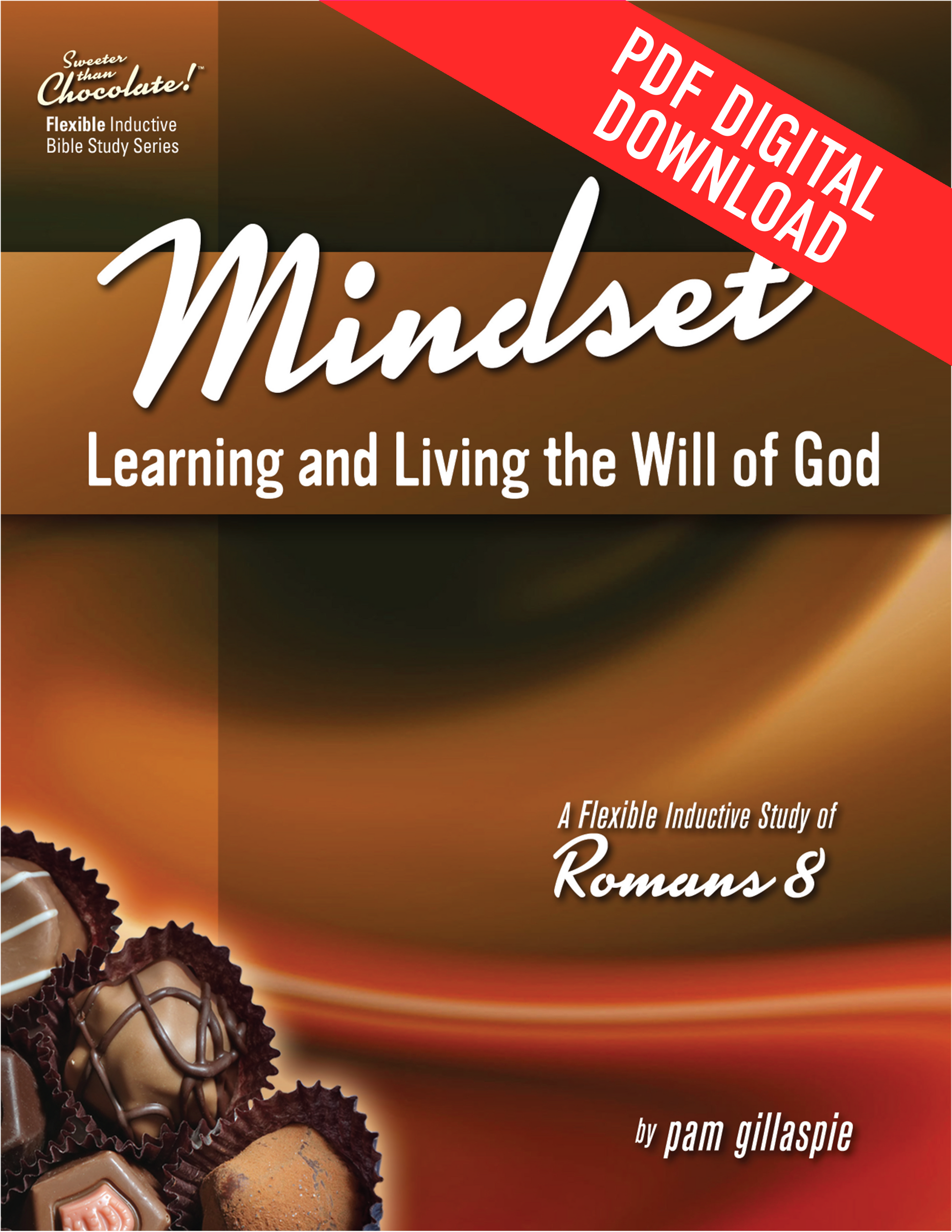 Cover of the book 'Mindset - Learning and Living the Will of God', showing the title and author's name, Pam Gillaspie, with a background that has a chocolate color tone and decorative elements.